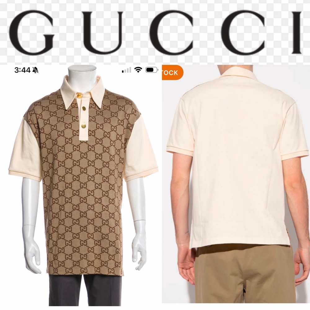 Gucci Men's Polo Shirt in Brown and Cream Jumbo GG Cotton silk Jacquard